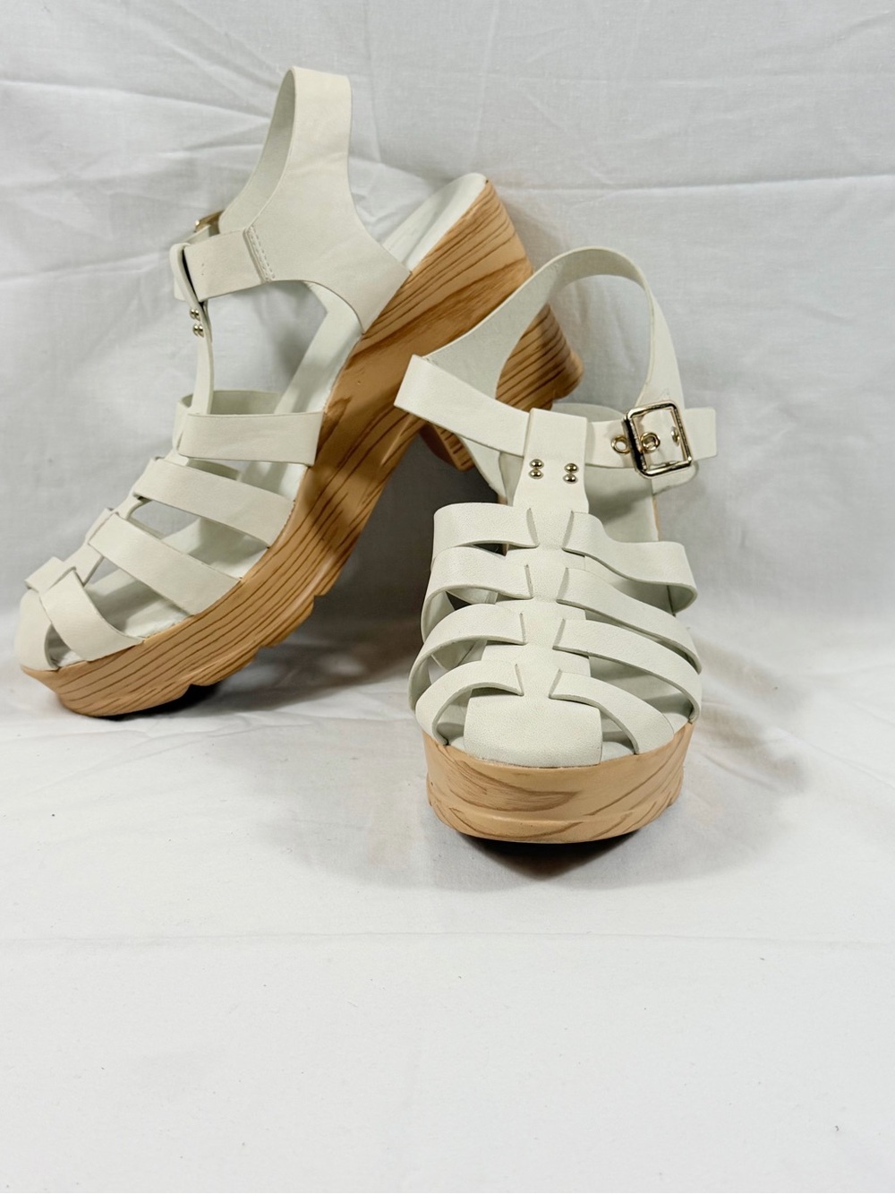 Women’s 11 Cream Fisherman Caged Platform Wedge Sandals Faux Wood Retro
